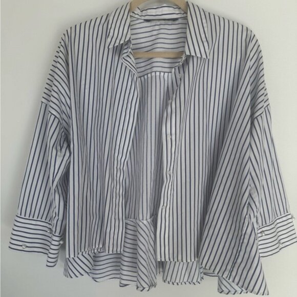 ZARA Blue & White Button-Down Shirt w/ Peplum Back & Pearl Sleeve Accents – S - Picture 3 of 16